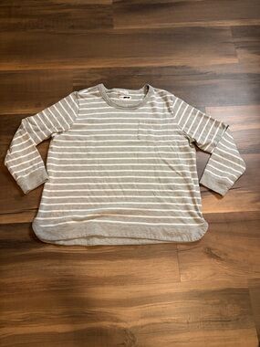 Striped Long Sleeve Crewneck Tee in Light Gray and White *No Size Tag*
